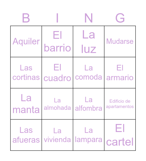 Vocabulario Bingo Card