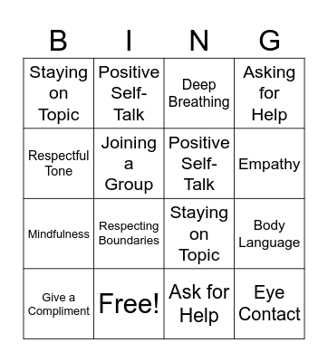 Mental Health Social Skills Bingo Card