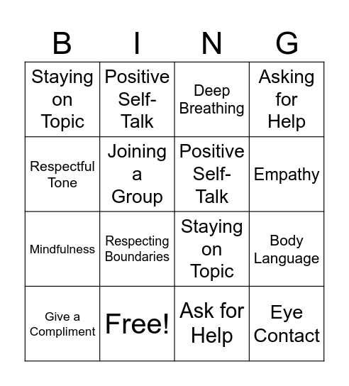 Mental Health Social Skills Bingo Card