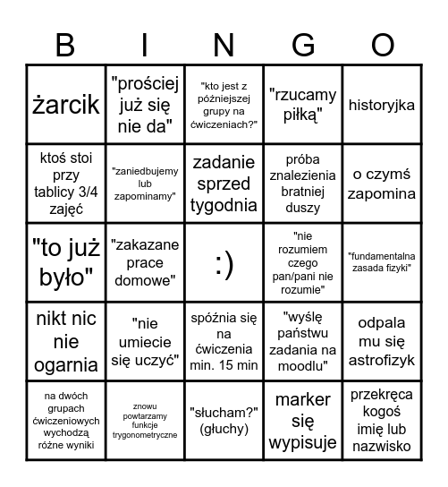 Fizyczne bingo ;p Bingo Card