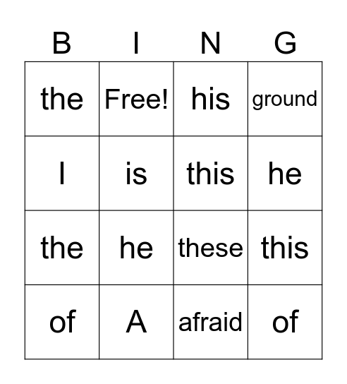 sight word bingo 1 Bingo Card