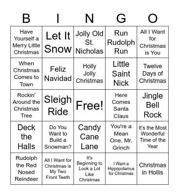 Christmas Carol Bingo Card