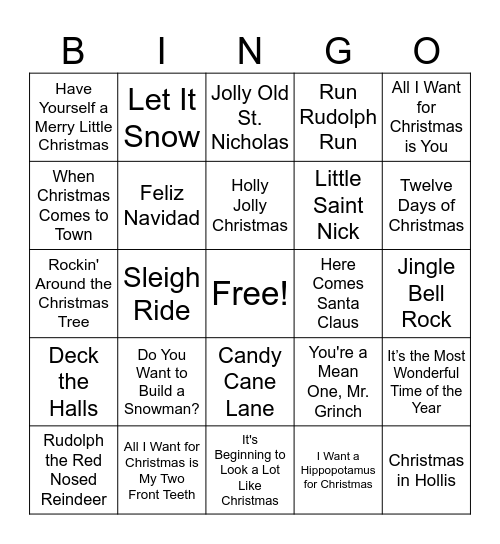 Christmas Carol Bingo Card