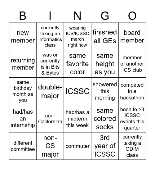 ICSSC Fall All-Hands Bingo! Bingo Card