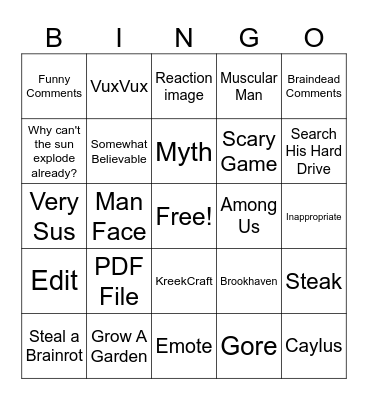 Roblox Shorts Bingo Card