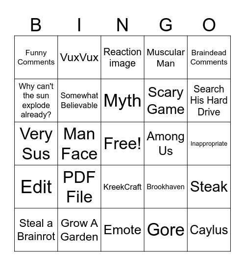 Roblox Shorts Bingo Card