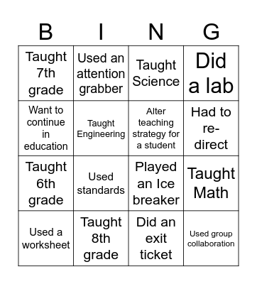 Teacher Experience Bingo Card