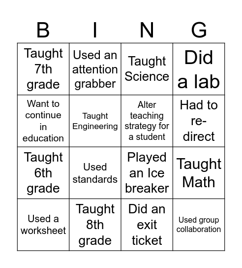 Teacher Experience Bingo Card