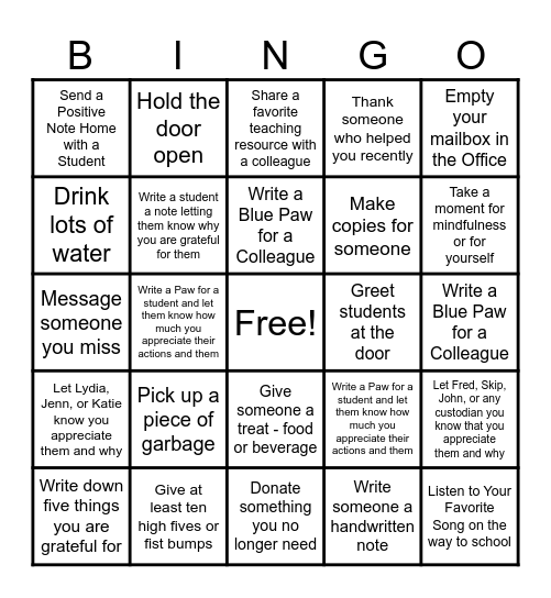 Gratitude BINGO Card