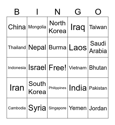 Asian Countries Bingo Card