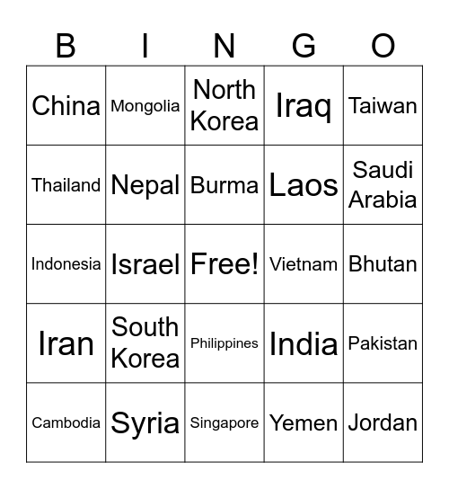 Asian Countries Bingo Card