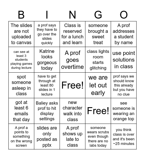 I Survived A Day of Class Bingo Card
