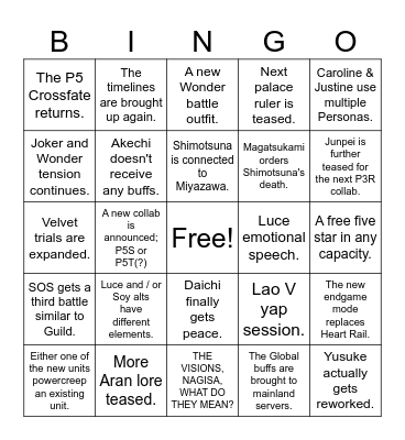 P5X 22 November Stream / Upcoming Updates Bingo Card
