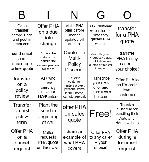 PHA BINGO Card