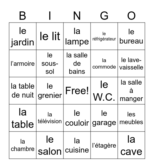F2U3 : les pièces et les meubles Bingo Card