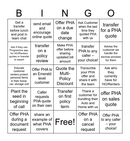 PHA BINGO Card