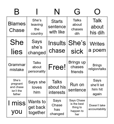 Ex girl Bingo Card