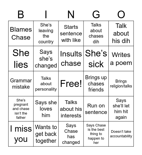 Ex girl Bingo Card