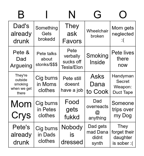 Sad Thanksgiving Bingo Card