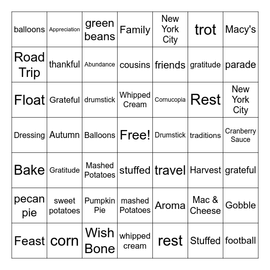 Thanksgiving Bingo Card