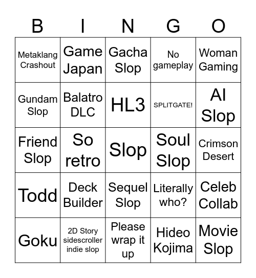 No Games Awards Bingo Card