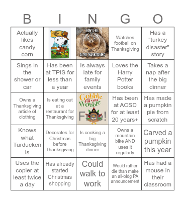TPIS Staff Thanksgiving Bingo Card