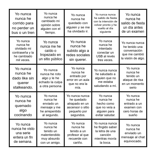 YO NUNCA NUNCA Bingo Card