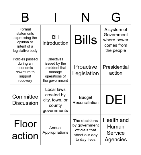 Policy & Legislation Bingo! Bingo Card