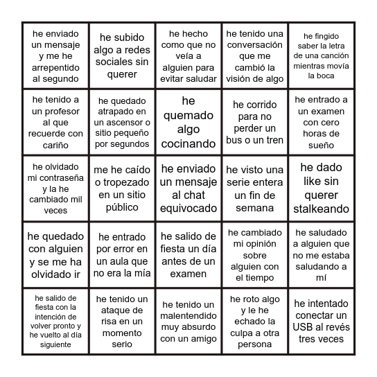 YO NUNCA NUNCA... Bingo Card