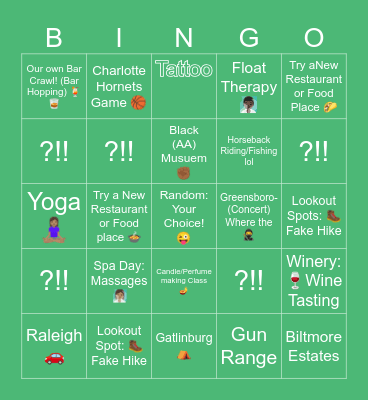 North Carolina Edition Bingo Card