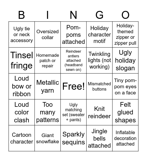 Ugly Sweater Bingo Card