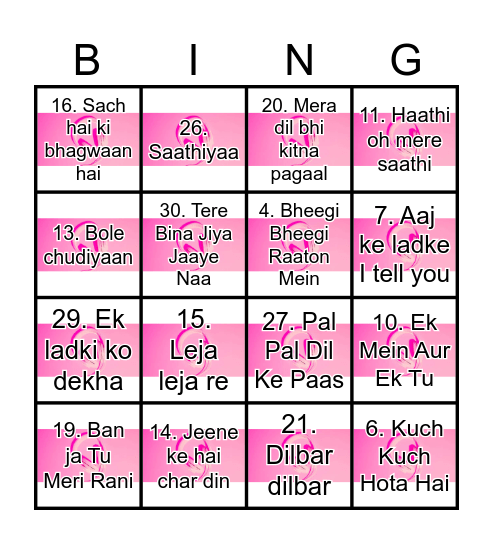 BOLLYWOOD MUSIC Bingo Card