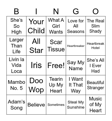 1999 Hits Bingo Card