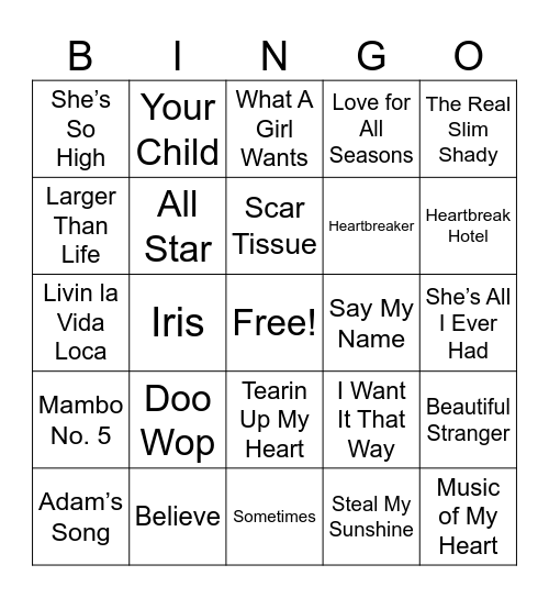 1999 Hits Bingo Card