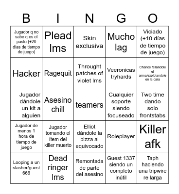 Forsaken Bingo Card