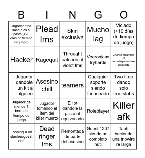 Forsaken Bingo Card