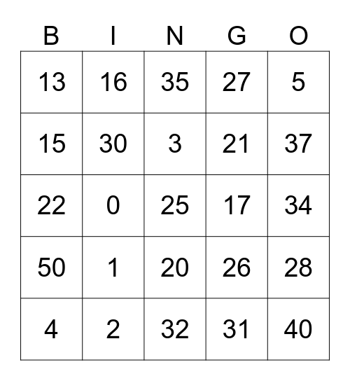 Ordinal Number Bingo Card