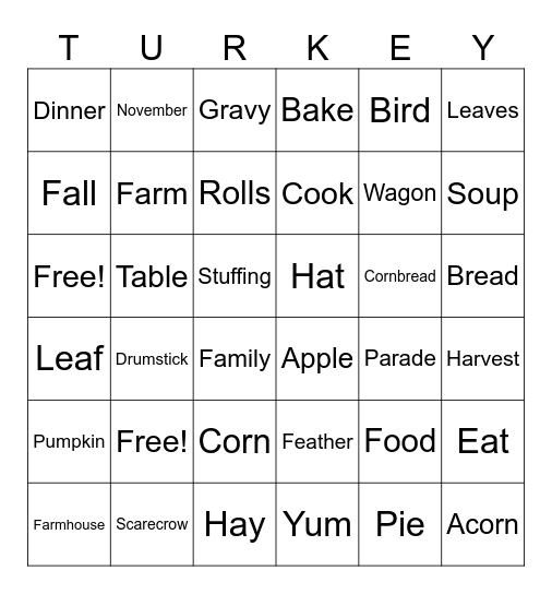 Turkey Bingo Card