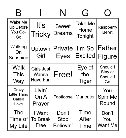 1980’s Hits Bingo Card