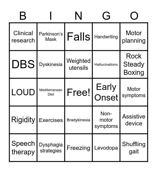 Parkinson's Disease Bingo Card