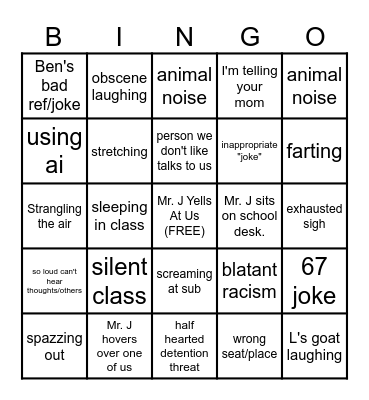 Mr. J's 1st Hour Bingo Card