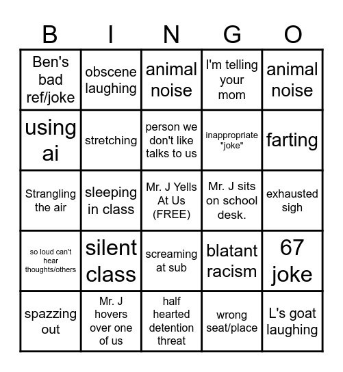 Mr. J's 1st Hour Bingo Card