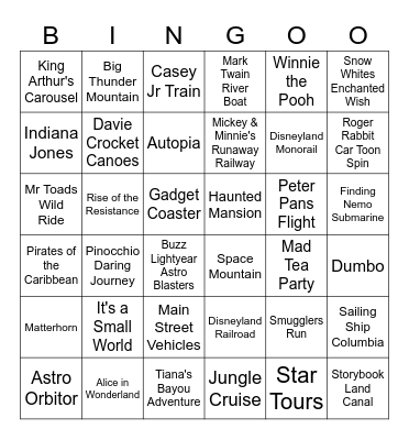 Disneyland Ride Guess Bingo Card