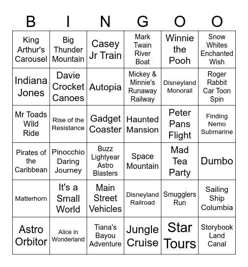Disneyland Ride Guess Bingo Card