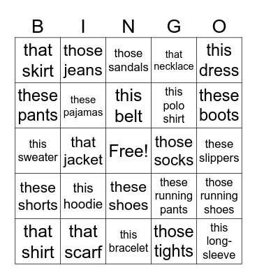 Clothes bingo Card