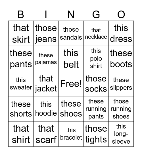 Clothes bingo Card