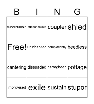 Reading Vocabulary Bingo Card