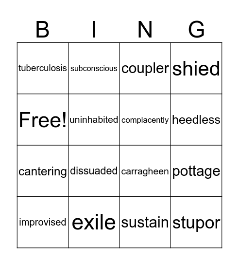 Reading Vocabulary Bingo Card