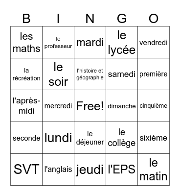 L'ecole et l'emploi du temps Bingo Card