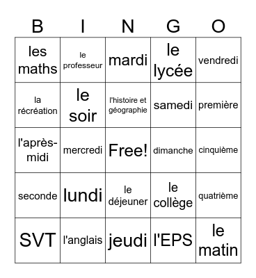 L'ecole et l'emploi du temps Bingo Card
